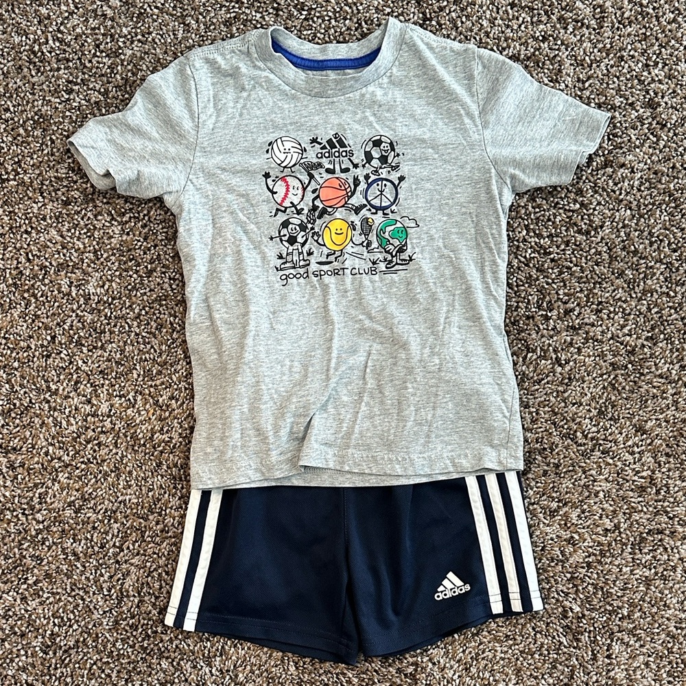 Adidas Gray 4T Graphic Tee with 3T Navy Athletic Shorts